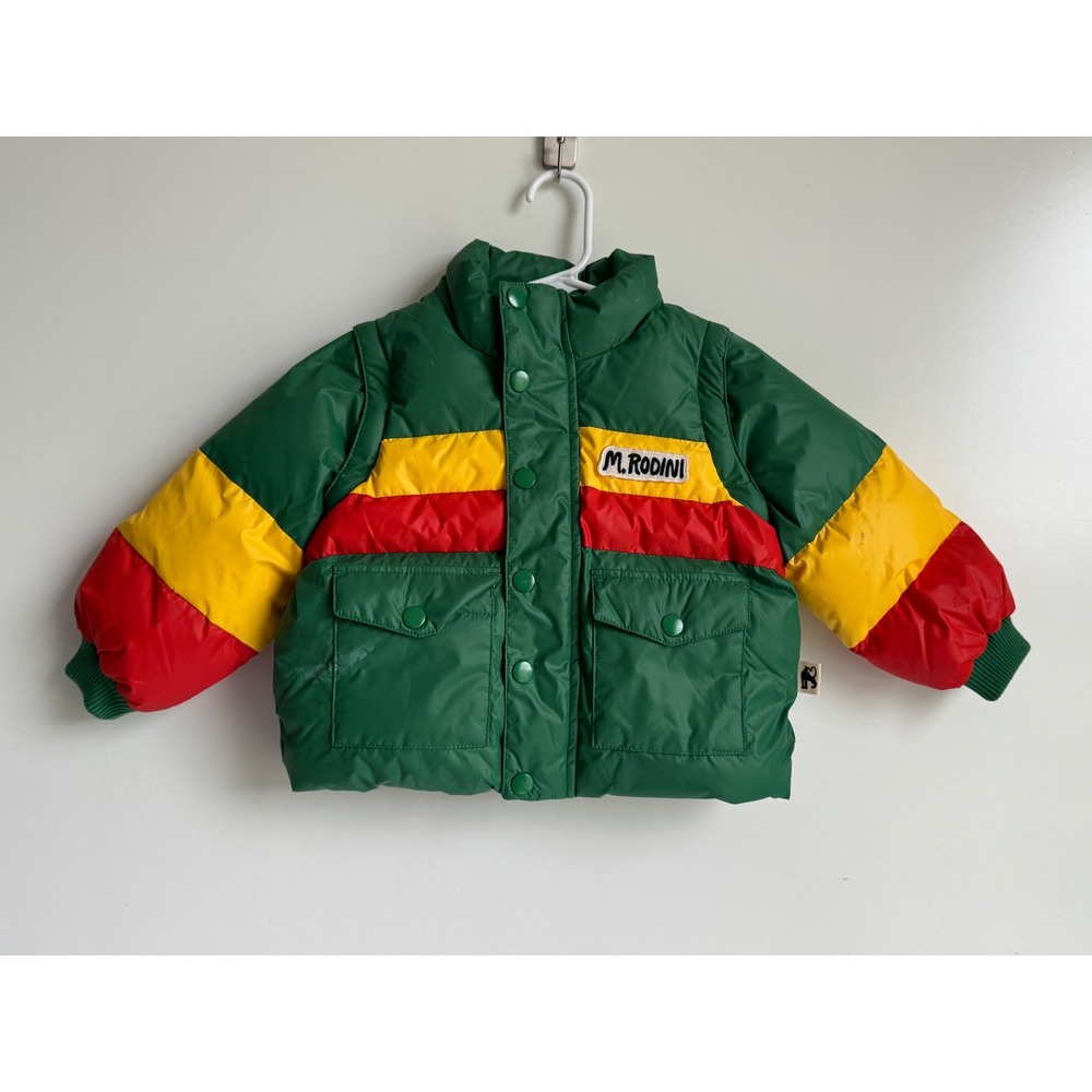Mini Rodini Kids Green Striped Puffer Jacket Retro Green 9-18M zip off sleeves
